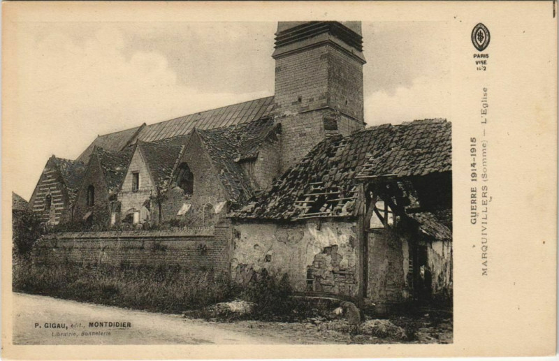 Carte postale ancienne Guerre Militaire Marquivillers Eglise à Marquivillers