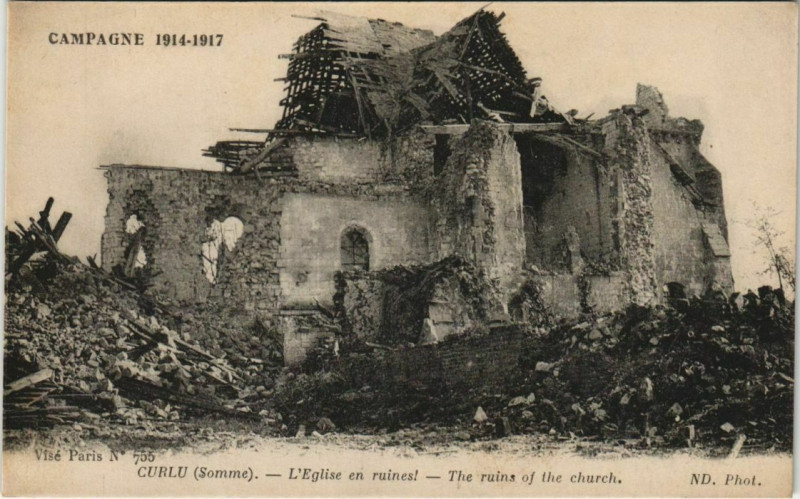 Carte postale ancienne Guerre Military Curlu Eglise en ruines à Curlu