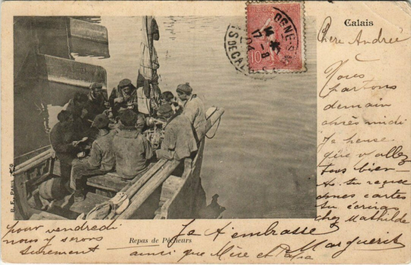 Carte postale ancienne Calais - Repas de Pécheurs à Calais