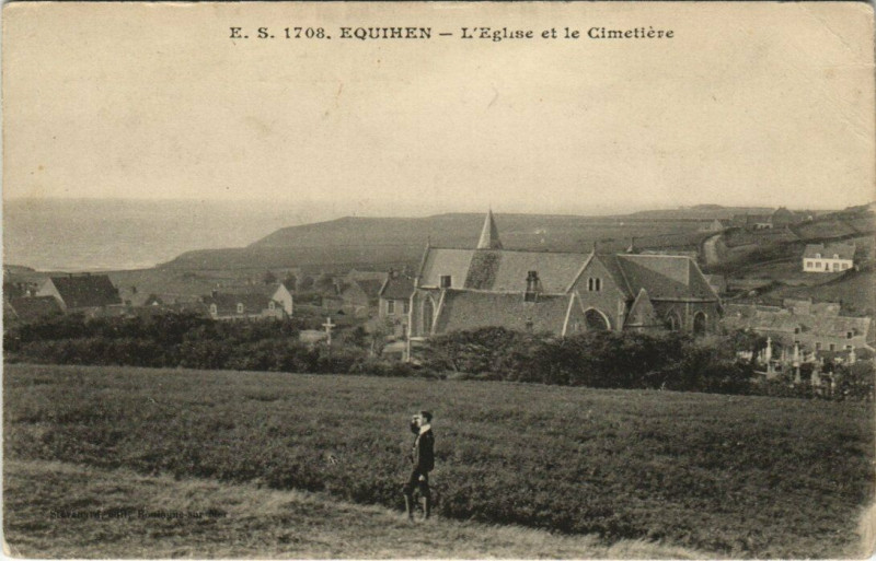 Carte postale ancienne Equihen - L'Eglise et le Cimetiere