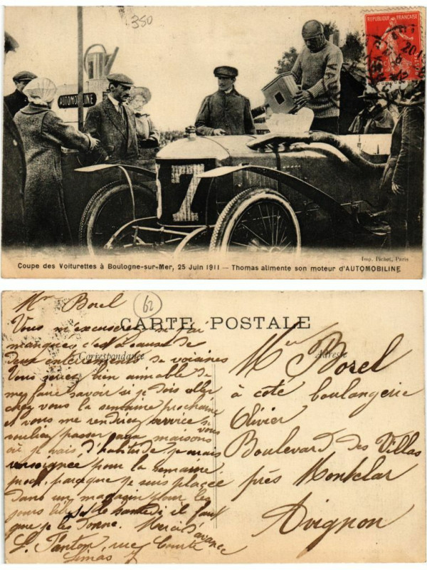 Carte postale ancienne Coupe des Voiturettes a Boulogne-sur-Mer Thomas aliment son moteur à Boulogne-sur-Mer