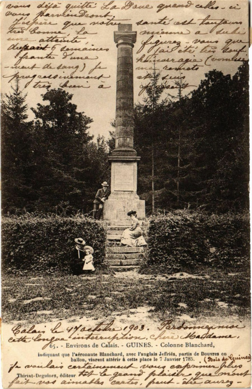 Carte postale ancienne Guines Colonne Blanchard à Guînes