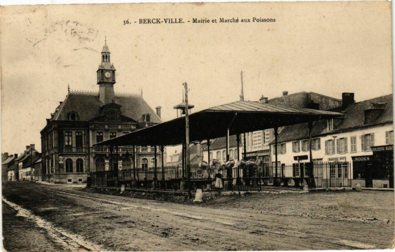 Carte postale ancienne Berck-Ville - Mairie et Marché aux Poissons à Berck