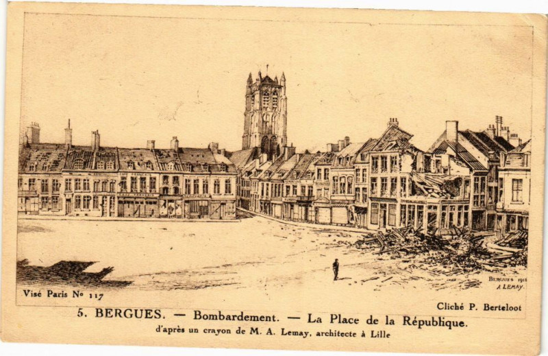 Carte postale ancienne Bergues - Bombardement