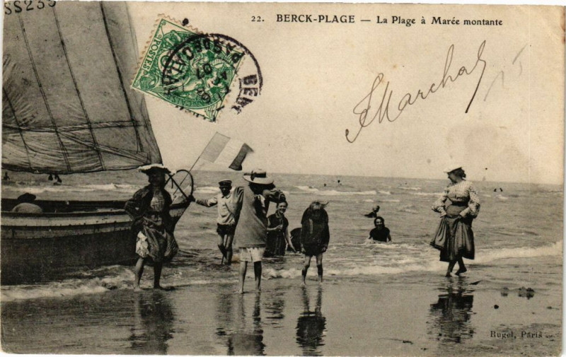 Carte postale ancienne Berck-Plage - La plage a maree montante à Berck