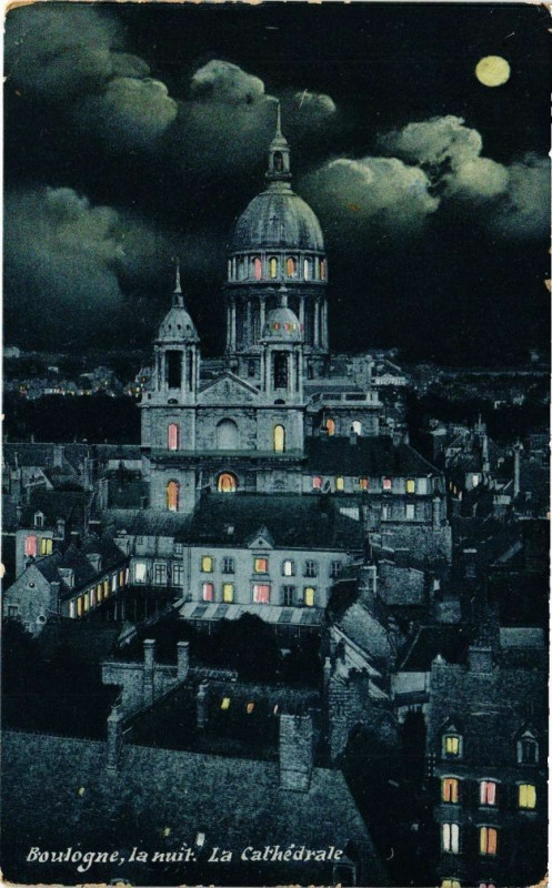 Carte postale ancienne Boulogne la nuit - La Cathédrale