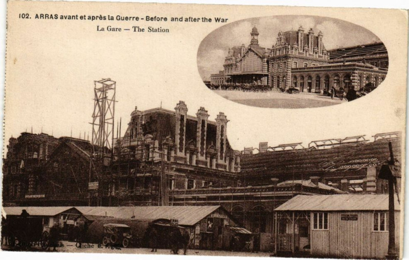Carte postale ancienne Arras avant et aprés la Guerre - before and after the war - La Gare à Arras
