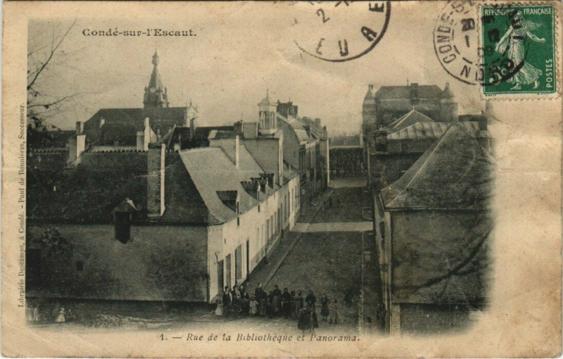 Carte postale ancienne Rue de la Bibliotheque et Panorama à Anor