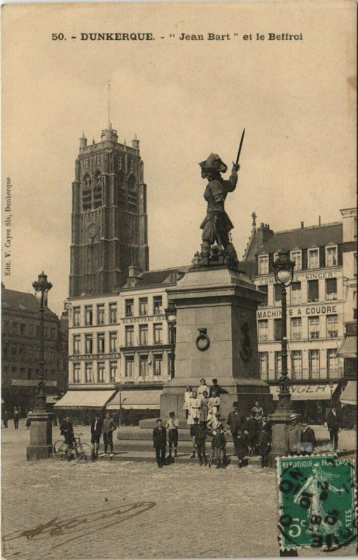 Carte postale ancienne Dunkerque - Jean Bart et le Beffroi à Dunkerque