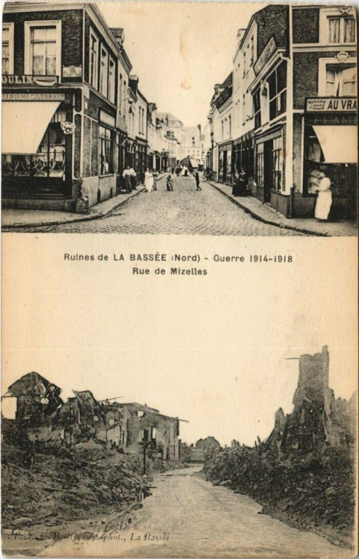Carte postale ancienne Ruines de La Bassee - Rue de Mizelles