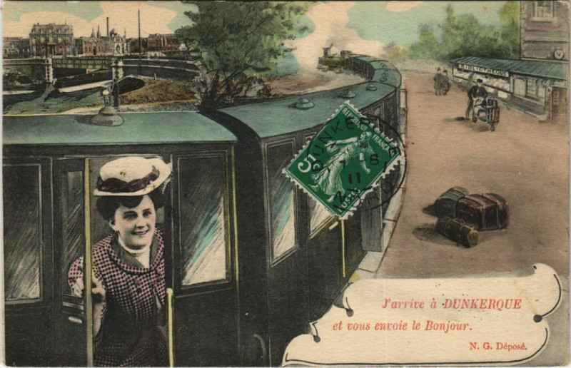 Carte postale ancienne J'Arrive a Dunkerque et vous envoie le bonjour à Dunkerque