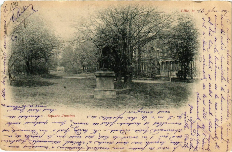 Carte postale ancienne Nord Lille Le Square Jussieux statue à Lille