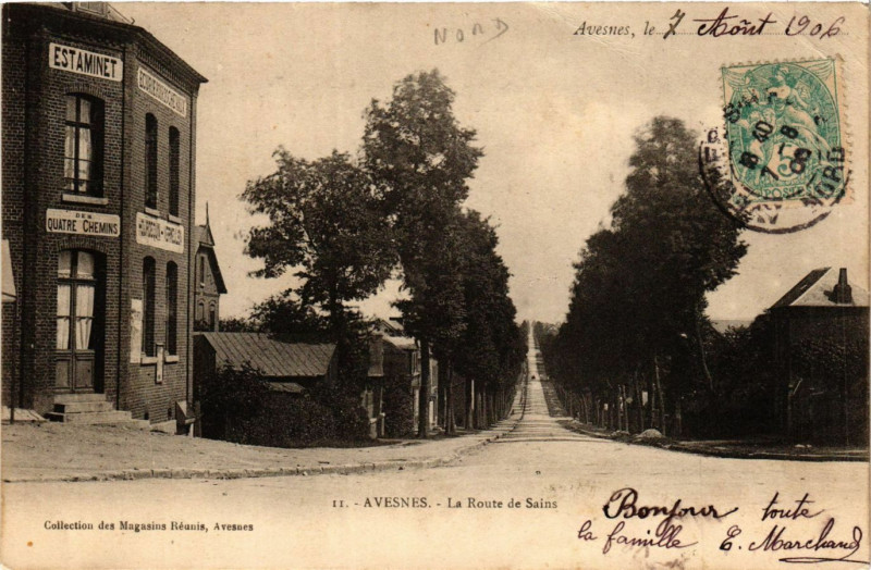 Carte postale ancienne Avesnes - La Route de Sains à Esnes