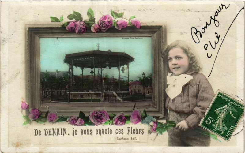 Carte postale ancienne De Denain je vous envoie ces Fleurs à Denain