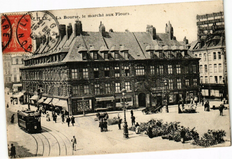 Carte postale ancienne Lille-La Bourse le marche aux Fleurs à Lille