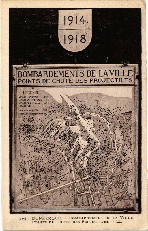 Carte postale ancienne Dunkerque - Bombardement de la Ville Points de Chute des Projectil à Dunkerque
