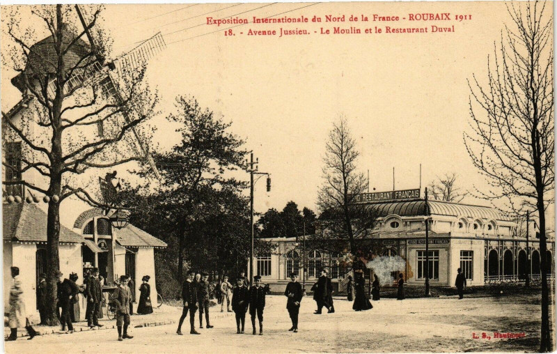 Carte postale ancienne Roubaix 1911 - Avenue Jussieu - Le Moulin et le Restaurant Duval à Roubaix