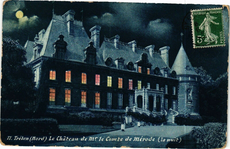 Carte postale ancienne Trelon Le Chateau de mr.1e comte de merode (la nuit) à Trélon