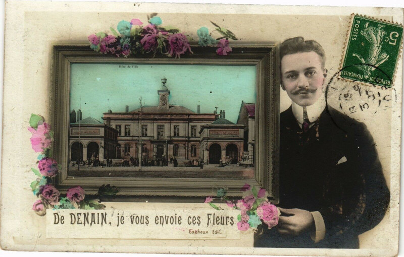 Carte postale ancienne De Denain Je vous envoie ces fleurs à Denain