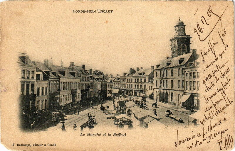 Carte postale ancienne Conde-sur-Escaut - Le marche et le beffroi