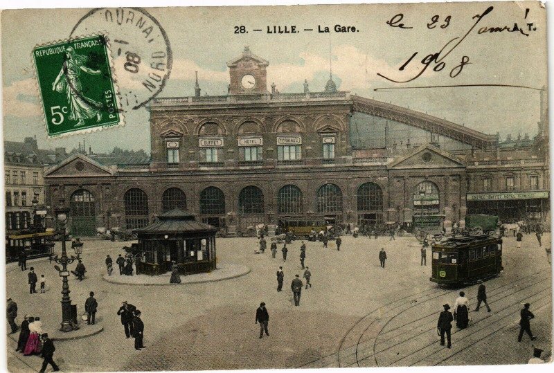 Carte postale ancienne Lille - La Gare (le 23 Janvier 1908) à Lille