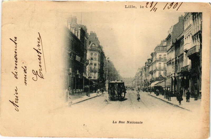 Carte postale ancienne Lille le 28/11/1901 La Rue Nationale à Lille