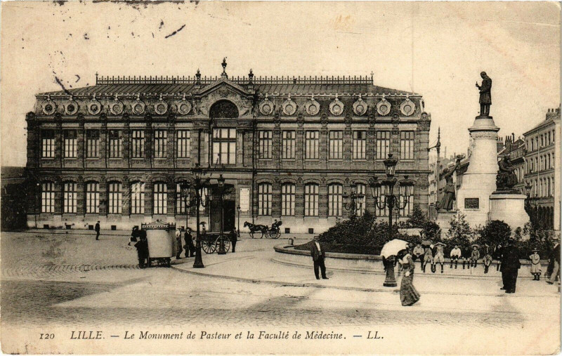 Carte postale ancienne Lille - Le Monument de Pasteur et la Faculte de Medicine à Lille