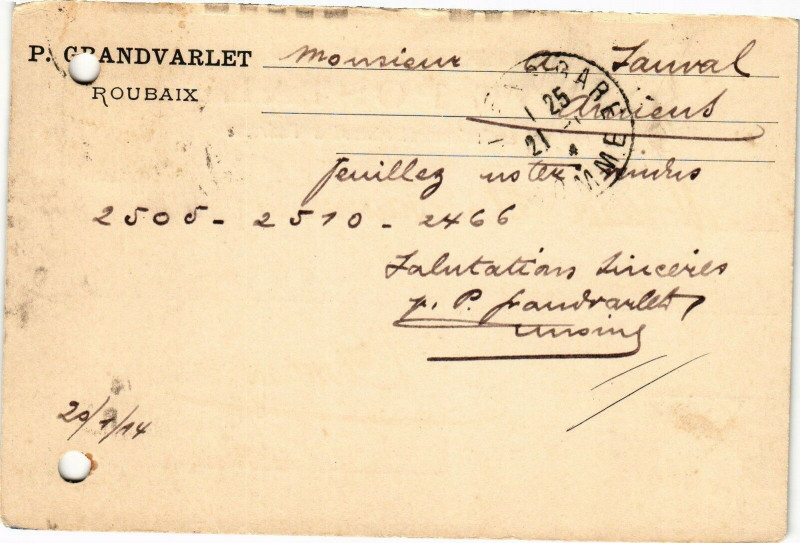 Carte postale ancienne Roubaix - 20 / 1 / 14 à Roubaix