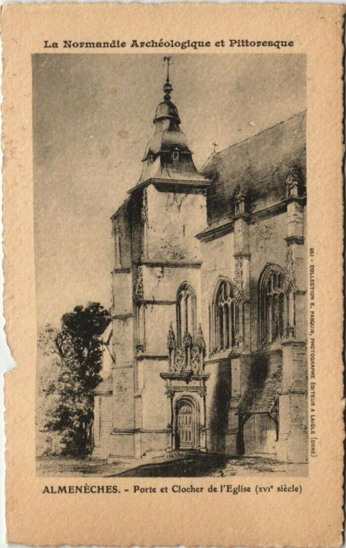 Carte postale ancienne Almenéches-Porte et Clocher de l'Eglise à Almenêches