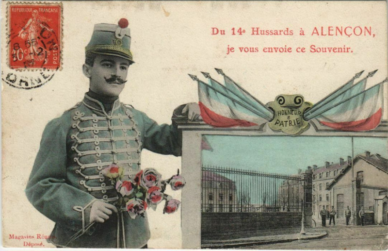 Carte postale ancienne 14e Hussards a Alencon ce Souvenir je vois envoie à Alençon