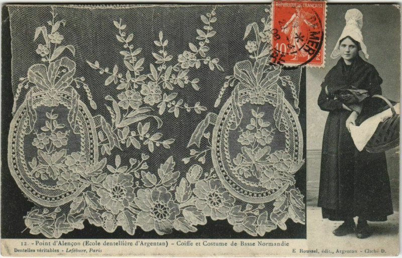 Carte postale ancienne Point d'Alencon- Coiffe et Costume de Basse Normandie