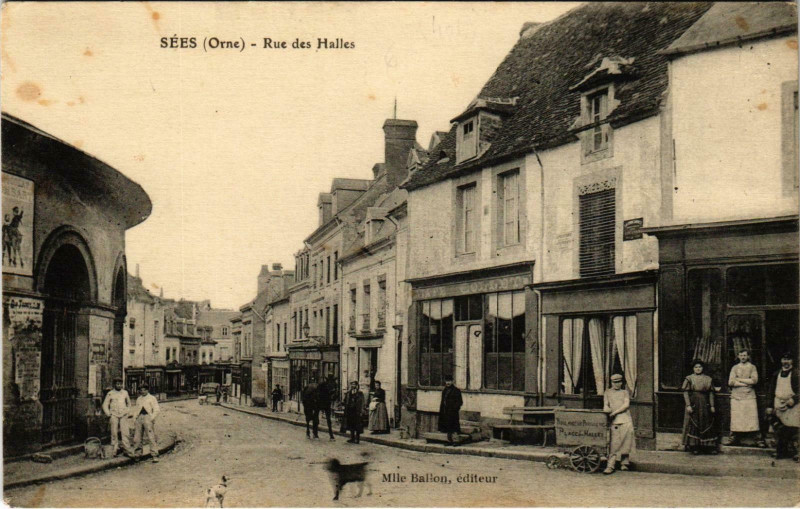 Carte postale ancienne Sees-Rue des Halles à Sées