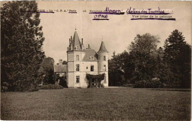 Carte postale ancienne Evirons d'Alencon- Cháteau des Tourelles - Vue prise de la pelouge à Ri