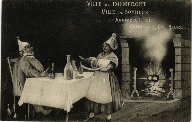 Carte postale ancienne Ville de Domfront Ville de Bonheur Arrive a Midi Complet a une Heur à Ri