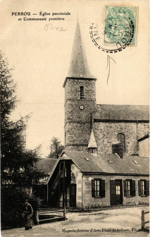 Carte postale ancienne Perrou - Eglise paroissiale et Communaité primitive à Perrou