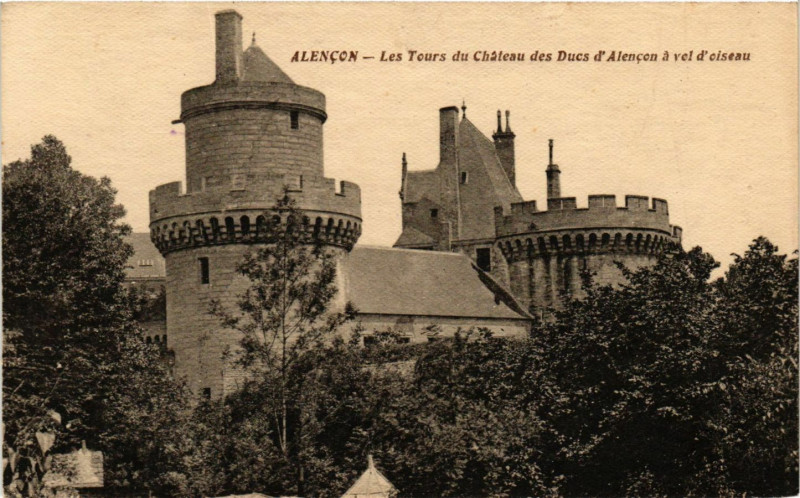Carte postale ancienne Alencon - Les Tours du Cháteau des Ducs d'Alencon á val d'oiseau à Alençon