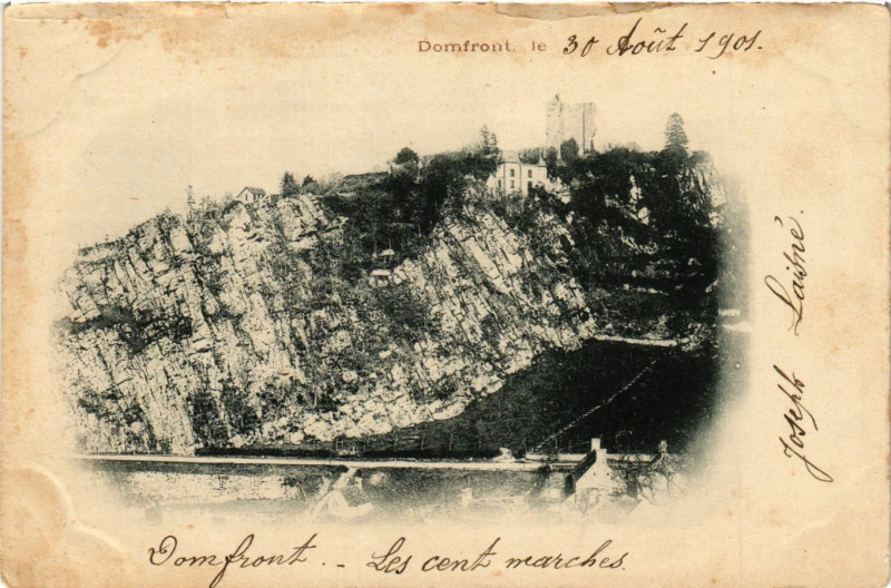 Carte postale ancienne Domfront , le 30 Aout 1901 - Les cent marches