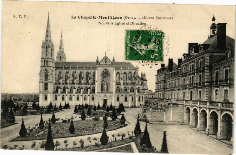 Carte postale ancienne La Chapelle-Montligeon - Nouvelle Eglise et Direction à La Chapelle-Montligeon