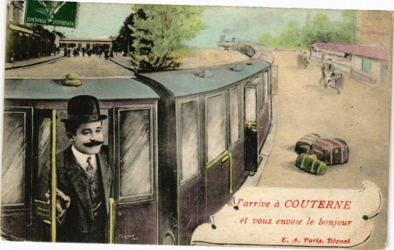 Carte postale ancienne L'Arrive á Couterne et vous envoie le bonjour à Ri