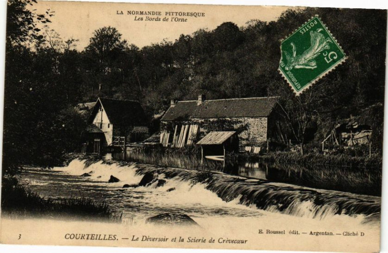 Carte postale ancienne Courteilles - Le deversoir et la scierie à Ri