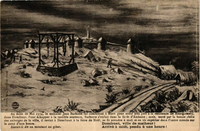 Carte postale ancienne Domfront - Ville de malheau arrive a midi à Ri
