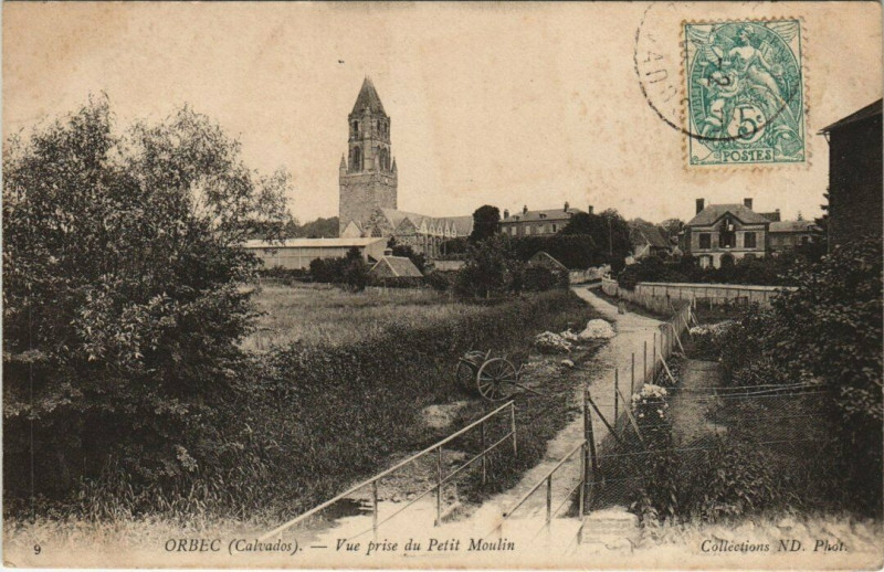 Carte postale ancienne Orbec - Vue prise du Petit Moulin à Orbec