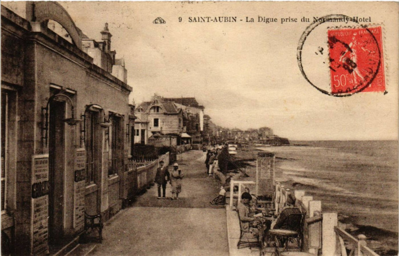 Carte postale ancienne Saint-Aubin - La Digue prise du Normandy-Hotel