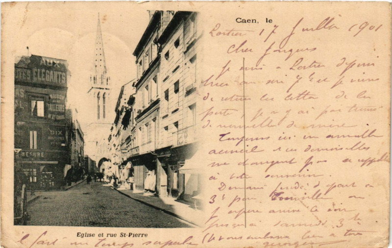 Carte postale ancienne Caen - Eglise et rue Saint-Pierre à Caen
