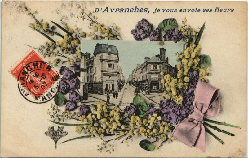 Carte postale ancienne Avranches - souvenirs salutation fleurs à Avranches