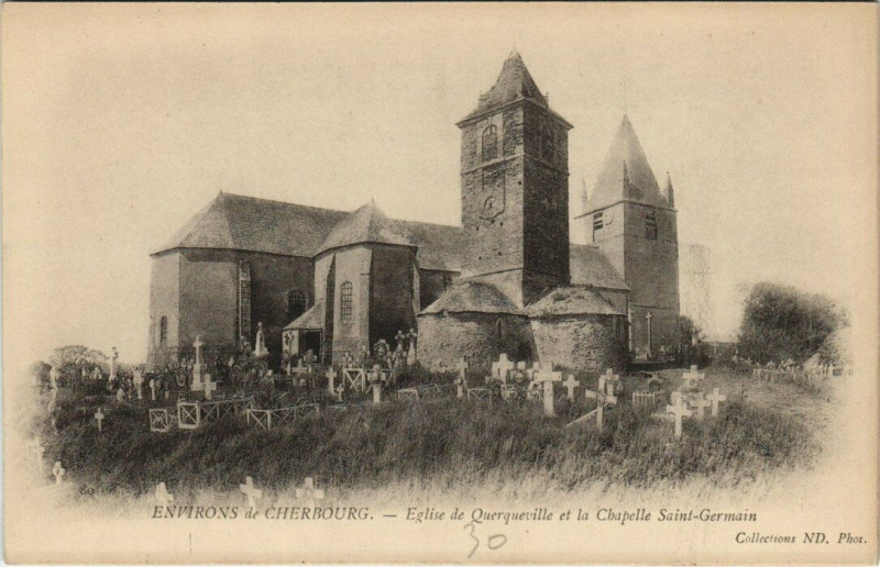 Carte postale ancienne Querqueville - L'Eglise et la Chapelle Saint-Germain à Ger