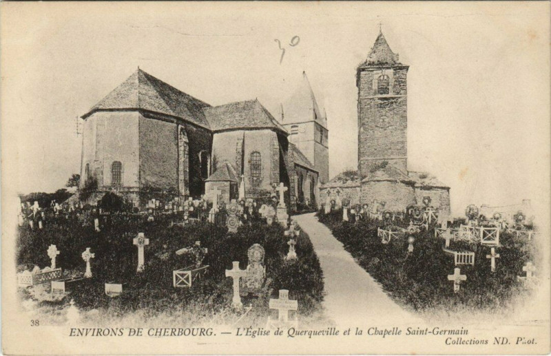 Carte postale ancienne Querqueville - L'Eglise et la Chapelle Saint-Germain à Ger
