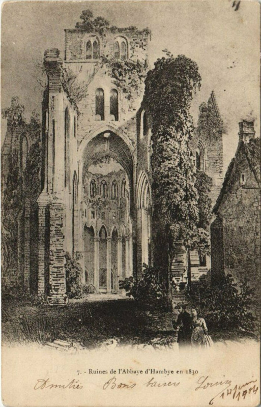 Carte postale ancienne Ruines de l'Abbaye d'Hambye en 1830 à Hambye