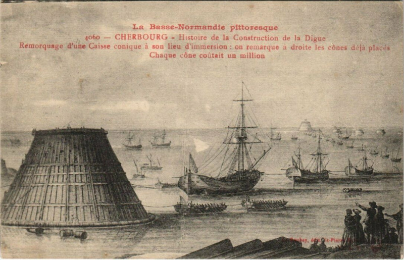 Carte postale ancienne Cherbourg - Histoire de la Construction de la Digue Remorquage