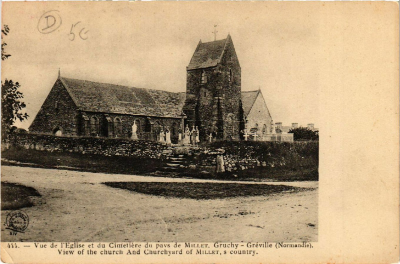 Carte postale ancienne Vue de l'Eglise et du Cimetilre du pays de Mille,Gruchy-Gréville .. à Réville